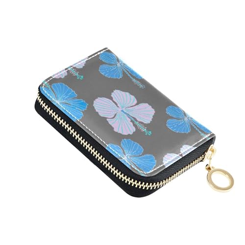 Ladies Womens Wallets Zip Around RFID Blocking Credit Card Holder Blue Hibiscus Flowers Gray Zipper Wallet with Coin Pouch