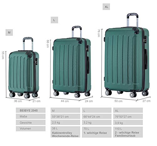 BEIBYE Hartschalen-Koffer Trolley Rollkoffer Reisekoffer Handgepäck 4 Rollen (M-L-XL-Set) (Dunkelgruen, M) – Bild 6