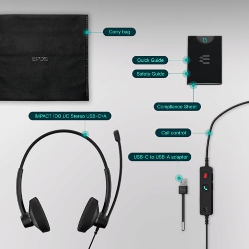 Image of EPOS Impact 100 UC Stereo USB-C+A Headset with Microphone, Universal Communications, Noise-Cancelling Mic, Lightweight, Call Control, USB Adapter, Soft Earpads, Professional Business Use