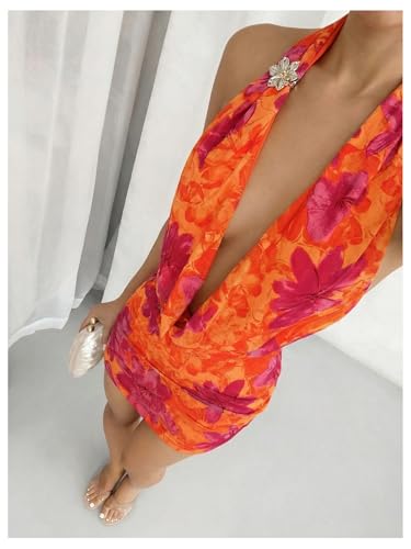 Image of OYOANGLE Women's Sexy Deep V Halter Dress Floral Bodycon Club Mini Dresses