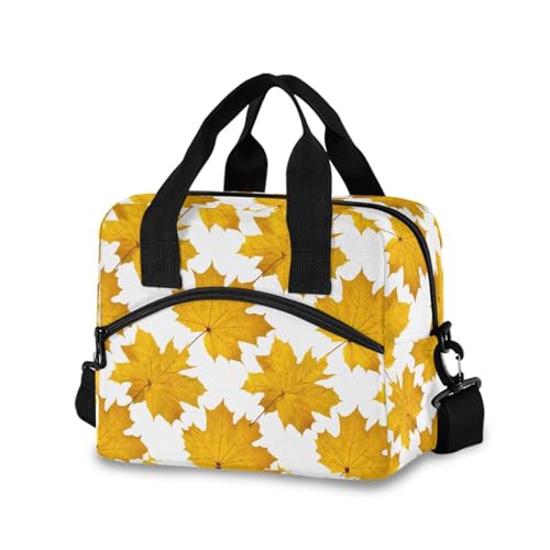 Sinestour Insulated Lunch Bag Reusable Cooler Maple Leaves Yellow Lunch Box Adjustable Shoulder Strap for Office Men Women