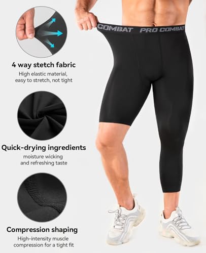 Niksa 1/2 Pack Men's Compression Pants, 3/4 One Leg Compression Tights Men Basketball Leg Sleeve Athletic Base Layer Leggings4