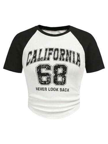 SweatyRocks Girl's Color Block Letter Graphic Tees Crew Neck Short Sleeve Ruched Y2K Tops