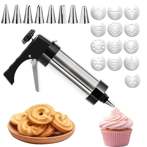 Ruikdly Gebäckpresse für Spritzgebäck Edelstahl Spritzgebäck Presse mit 13 Schablonen und 8 Tüllen, Kekspresse Edelstahl, Plätzchenpresse Spritzgebäck für Kuchen Dessert DIY Maker Cookie Presse