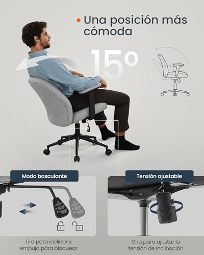 SONGMICS HOME Silla Giratoria, Silla de Oficina con Reposabrazos Ajustables, Altura Ajustable, Asiento Ancho, Tela de Lino de Algodón, Gris Paloma OBG035G01