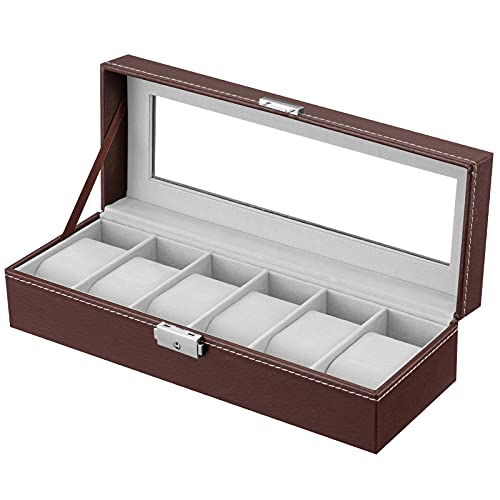 Oyydecor Watch Box 6 Slots PU Leather Case Organizer Wooden Storage Organizer for Storage and Display Men's & Women's Gift Business (Brown)