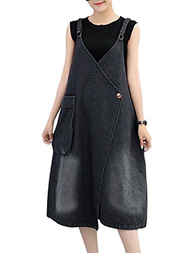 Yeokou Women's Maxi Length Long Denim Jeans Jumpers Overall Pinafore Dress Skirt (Small, Black)
