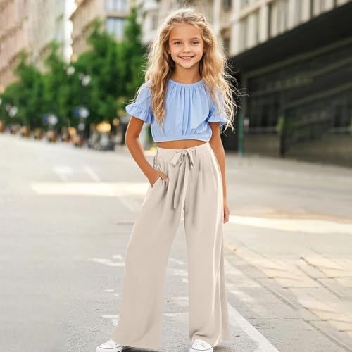 Girls Palazzo Pants High Waist Wide Leg Sweatpants Drawstring Kids Flowy Casual Trousers Loose Plain Elastic4