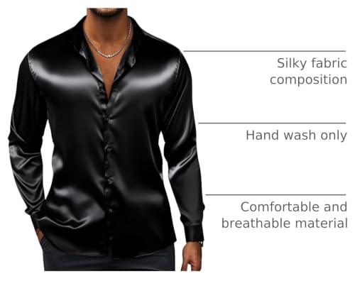 Image of Hi-Tie Men's Silk Satin Dress Shirts Long Sleeve Shiny Casual Button Up Shirts Luxury Party Disco Prom Wedding Shirt