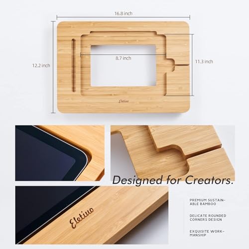 ELEKOOCON竹製木製ipad 絵描きスタンド、鉛筆と充電ケーブルスロット付き、多角度調整可能タブレットデスクトップ折り畳み式携帯用ipad 置き台、iPad Pro12.9インチ 第3/4/5世代に対応