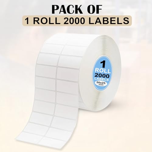Image of GLUN Direct Thermal Barcode Label 2000 Stickers in 1 Roll, Size 50x25 mm, Direct Thermal White Self Adhesive Sticker for Labelling & Barcoding