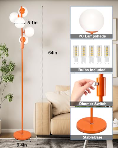 Image of 64IN Dimmable Orange Floor Lamp, Tall Standing Lamps with 5 Globe Soft Warm White Eye Care 3000K G9 Bulbs, Mid Century Modern Floor Lamp with 5Lbs Heavy Base for Living Room Bedroom Office