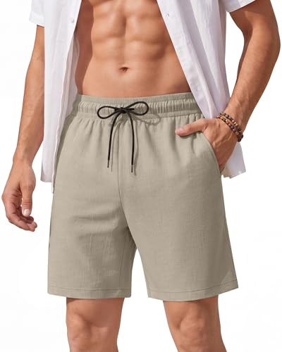 Image of August Alley Men's Linen Shorts with Liner Summer 5 Inch Casual Elastic Waist Drawstring 2 in 1 Beach Shorts with Pockets