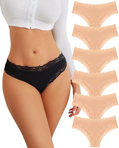 Image of FINETOO Cotton Underwear for Women Sexy Panties Lace Hipster Low Rise Breathable Womens Cheeky 6 Pack S-XL