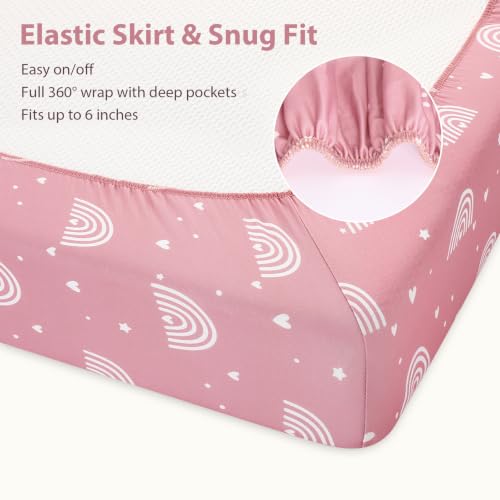 Image of Pack and Play Sheets Fitted, Mini Crib Sheets Girl 38 inch x 26 inch Compatible with Graco Pack n Play and Portable Playard Mattress Pads, 3-Pack Soft Microfiber Pink Rainbow