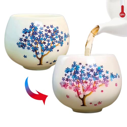 HOHCNA Heat Changing Sensitive Cherry Blossoms Tea Cups, Japanese Style Color Changing Ceramic Coffee Mugs, Unique Magic Coffee Tea Cup for Gift Valentines (5 oz)