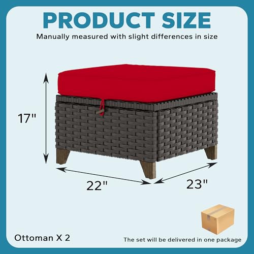 Image of 2 Pieces Patio Outdoor Ottomans with Removable and Washable Covers，PE Rattan Wicker Footstools for Porch, Garden, Sunroom (Red) | Patio Ottoman Set with Olefin Removable Cushion, All-Weather Ottoman with Deep Seat for Porch, Deck and Backyard, Red
