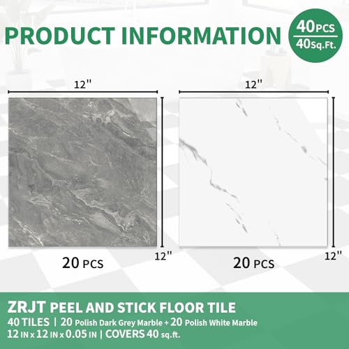 40-Pack Peel and Stick Tile Vinyl Floor Glossy 12” x 12”, Self Adhesive Waterproof Flooring Planks for Kitchen, Dining Room, Bedrooms, Cover 40 Sq. Ft, Dark Grey&White Marble (20 per Color)