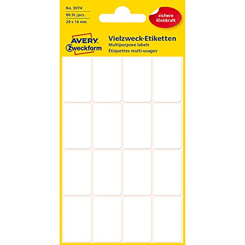Avery Zweckform 3074 Household Labels Self-Adhesive (29 X 18 Mm, 96 Stickers On 6 Sheets, Multi-Purpose Labels For Home, School And Office For Labelling And Numbering) Blank, White #TOP4