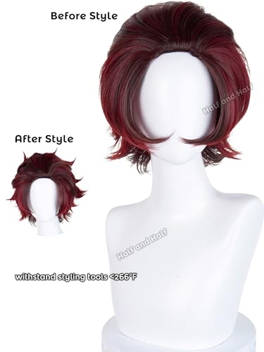 Image of Half and Half Tanjiro Cosplay Wig Short Wine Red Black Tanjiro Kamado Costume Wigs + Scar Stikers +Earrings Magenta Gradient Wigs for Female Men Unisex Halloween Party Daily