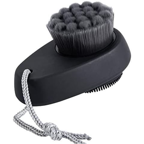 Beomeen Facial Cleansing Brush 2 in 1 for Face Exfoliation, Soft Bamboo Charcoal Microfiber Bristle for Pore Deep Cleansing, Dual Face Silicone Scrubber Brush for Skincare with Lid, Black Cover
