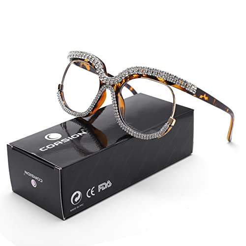 Coasion Blue Light Blocking Oversized Glasses Stylish Fake Eyeglasses For Women Round Frame With Clear Lens Eyewear (Leopard - Diamon) #TOP2