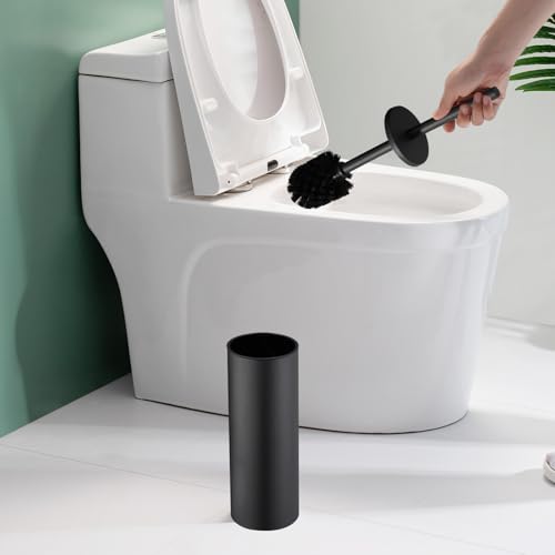 Image of Freestanding Toilet Bowl Brush Holder Black Round Metal Toilet Brush | AIREMOEN Removable Inner Bucket, Metal Splash Guard Cover, Dense Bristles with Brush Handle