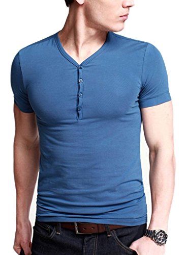 Neonysweets Mens Henley Shirts Short Sleeve T Shirts Blue Size M