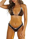 Alyweatry Women Y2k Bikinis Sets Coquette Aesthetic Bows Halter Tie Up Bikini Top High Cut Elastic Waist Bikini Bottom (Coffee, M), Medium