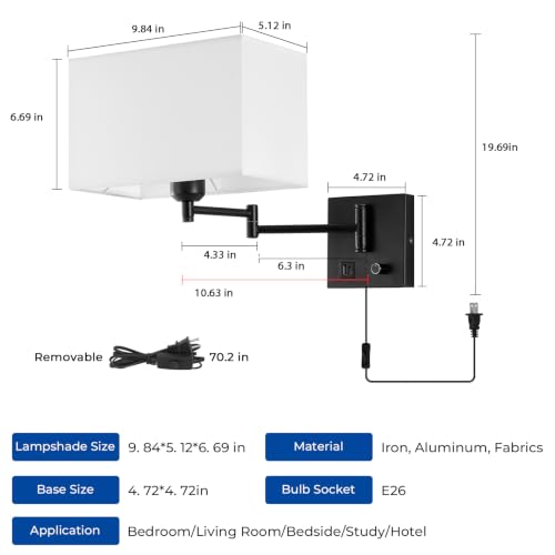 Image of Plug in Wall Lamp for Living Room Bedroom Bedside, Bulb Included | Wall Sconce with USB C+A Charging Ports, Adjustable Swing Arm 270, Adjustable Color Temperature, White Square Lampshade