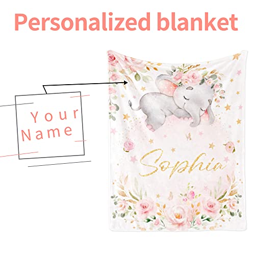 Image of Personalized Elephant Blanket with Name for Girl Custom Blanket for Teens