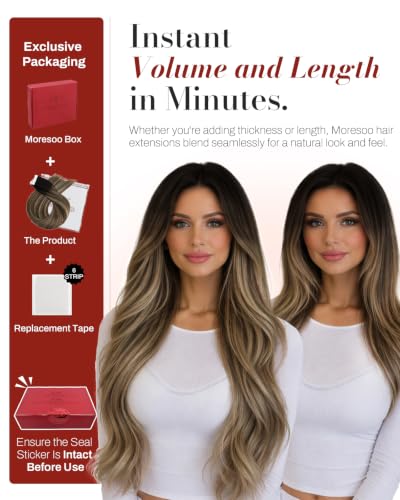 Image of Moresoo Tape in Hair Extensions Real Human Hair Brown Blonde 22in 20Pcs 50g | Tape extensions human hair, brunette base with dark blonde highlights, Remy texture, claw clips and wedding styling
