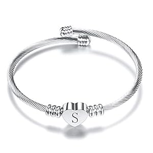 VQYSKO Silver Heart Initials Bracelet-A-Z Stainless Steel Engraved Charm Bracelet, Woman Jewelry Birthday Festival Gift