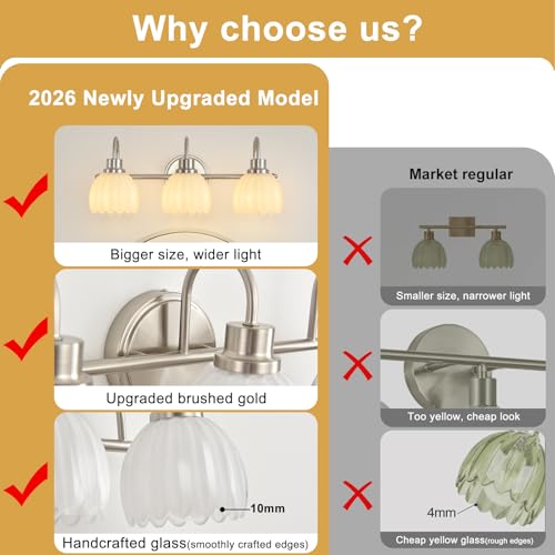 Image of Bathroom Light Fixtures(3-Light, 20 Inch), Brushed Nickel Vanity Lights for Bathroom with Ribbed White Tulip Glass Shade, Vintage Vanity Wall Lights for Mirror Bedroom Living Room Hallway