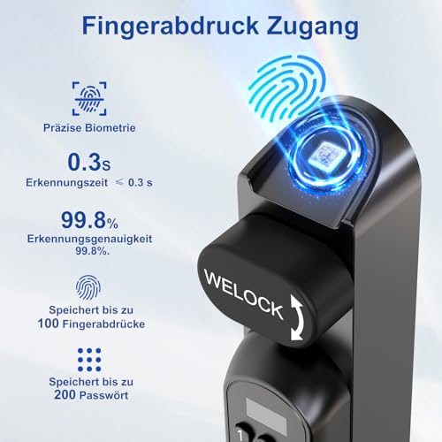 WELOCK U81 Smart Lock,Türschloss Fingerabdruck,Elektronisches Türschloss Code mit RFID Karte,APP und WiFi,Fingerabdruck Schloss Haustür IP65,Smartes Schloss Schließzylinder für Türen von 50-95mm – Bild 4