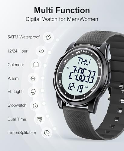 Beeasy Digital Watch Waterproof with Stopwatch Alarm Countdown Dual Time, Ultra-Thin Super Wide-Angle Display Digital Wrist Watches for Men Women3