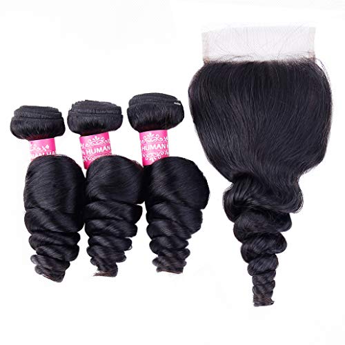 8A Peruvian Human Hair Bundles with Closure Loose Wave Hair Deals (20" 22" 24" + 18") 100% Unprocessed Peruvian Loose Wave Hair 3 Bundles with 4x4 Lace Closure Free Part Hair Extensions Natural Color