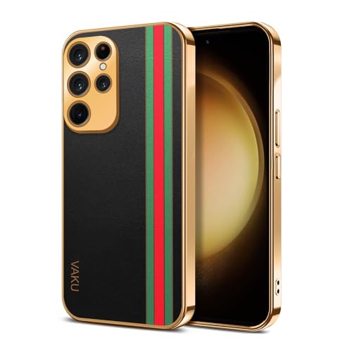 Image of Vaku Luxos Felix Line Back Cover for Samsung Galaxy S22 Ultra 5G with Leather Pattern Gold Electroplated Soft TPU Cover Shockproof Protective Case - Black