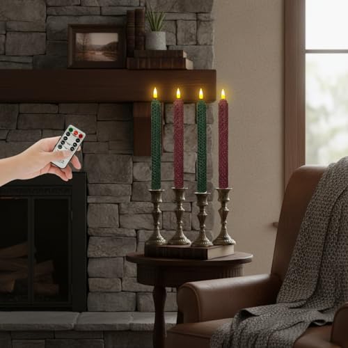 Image of Flameless LED Taper Candles with Remote & Timer - 9.5 inch Red Green Hand Rolled Beeswax Honeycomb Candlesticks Flickering Battery Operated Window Candles for Wedding Mother's Day Home Decor,4 Pack