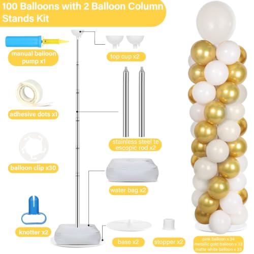 Image of 2 Sets Retro Sand White Gold Balloon Column Stand Kit with 100 Balloons Adjustable Balloon Tower Stand with Bases for Floor Balloons Column Kit for Graduation Birthday Appreciation Party Decor