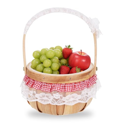 Small Picnic Basket with Handle - Mini Easter Gift Basket with Red Plaid Lace Trim for Candy Storage Outdoor Camping Birthday and Halloween