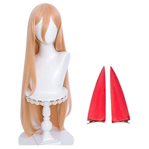 Aicos Long Orange Straight Cosplay Wigs with Bangs, Anime Hair Wigs with Free Red Horns and Wig Cap Cover