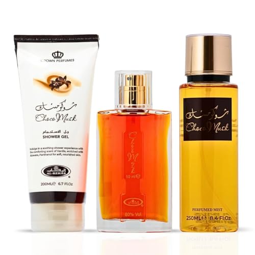 Image of Al-Rehab Choco Musk 3-Piece Gift Set - Eau de Parfum 50ml + Shower Gel 200ml + Body Mist 250ml - Warm Spicy & Chocolate Unisex Collection