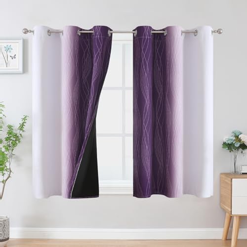 Estelar Textiler Purple and Greyish White Ombre Blackout Curtains 54 Inch Length 2 Panels, Full Room Darkening Gradient Drapes for Kitchen,Thermal Insulated Grommet Short Curtains for Bathroom,42Wx54L