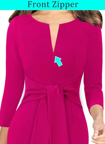 Image of VFSHOW Womens Front Zipper Tie Waist Bow 3 /4 Sleeve Slim Fitted Work Business Office Party Bodycon Pencil Sheath Dress