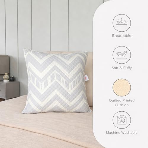 Image of STITCHNEST 'QuadraNest' Series Printed Quilted Velvet Cushion Cover 16x16 Inch Set of 5 | Premium Soft Fabric, Washable & Fade Resistant | Decorative Living Room Cushion Covers | Grey & Ivory Zigzag