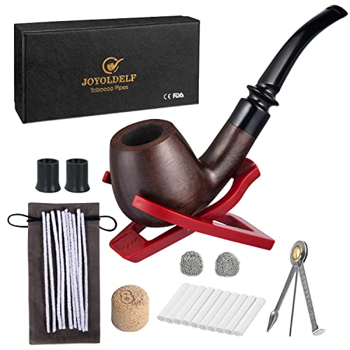 Joyoldelf Tobacco Pipe, Handmade Smoking Pipe with Gift Box, Wooden Pipes for tobacco with X Tobacco Pipe Stand, 9mm Pipe Filter, Tobacco Pipe Pouch and Smoking Accessories