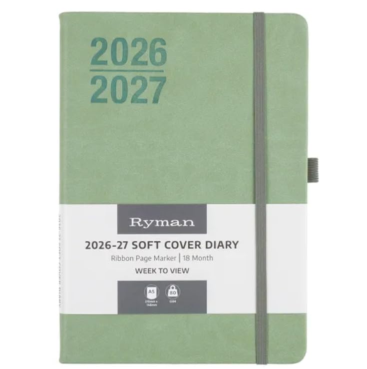 Ryman 18-Month Mid-Year Diary, July 2026 to Dec 2027, A5 Week to View, Soft Cover - Sage