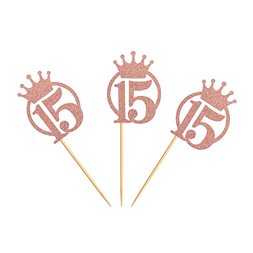 Unimall Pack Of 24 Rose Gold Glitter Number 15 Cupcake Toppers With Crown 15Th Birthday Party Cupcake Toppers Fifteen Years Old Birthday Children Mis Quince Party Decoration thumb #2