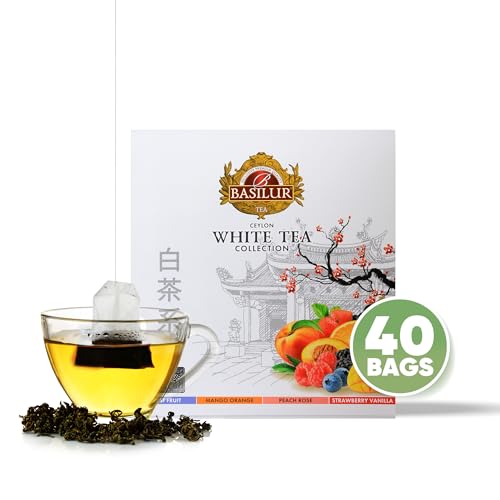 Basilur Ceylon White Tea Collection Gift Set - 60g Premium Loose Leaf Tea Bags with 4 Artisan Flavors Forest Fruit Mango Orange Peach Rose Strawberry Vanilla | Individually Foil Wrapped | Luxury Tea